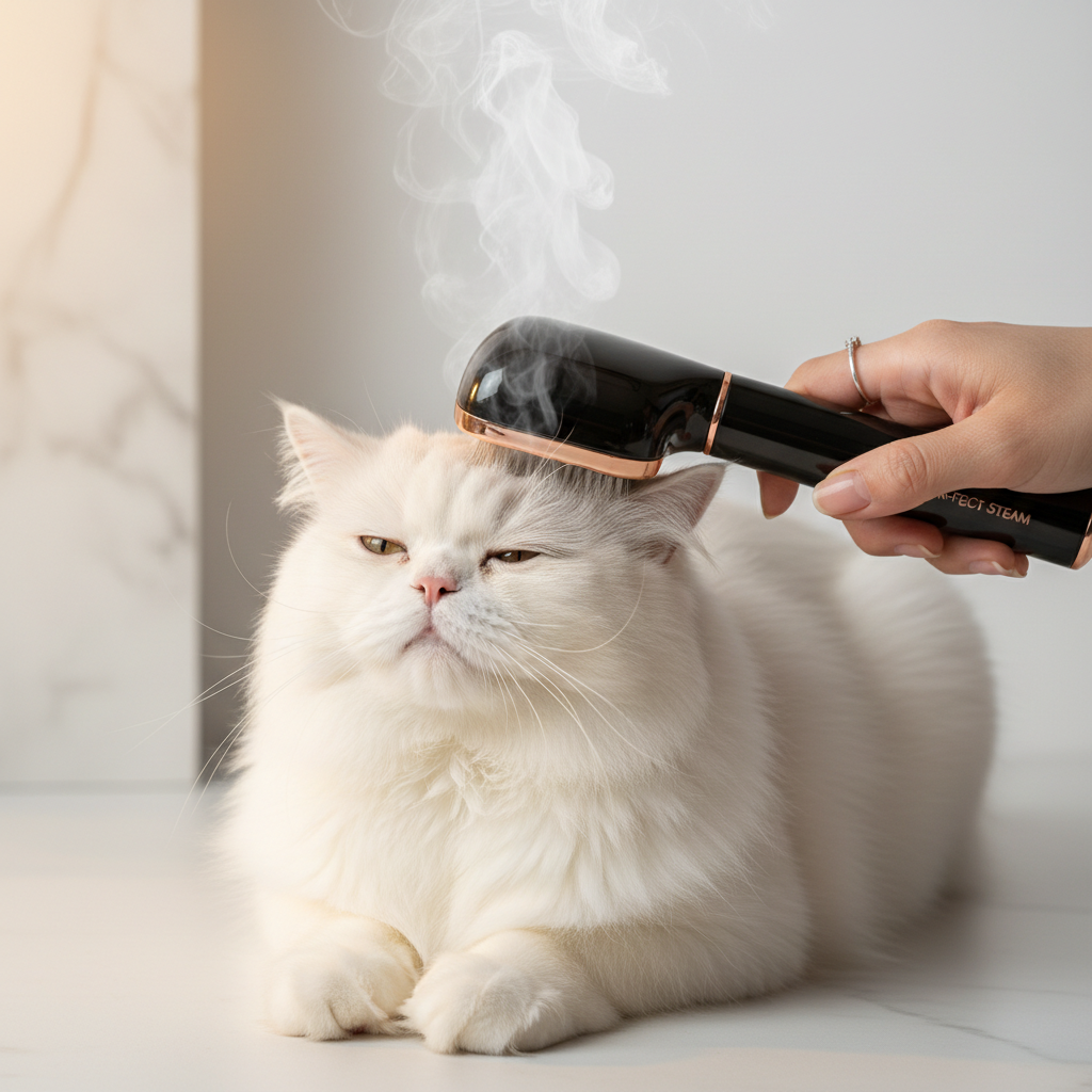 3-in-1 Electric Steam Pet Grooming Brush lifestyle photo - cat being groomed